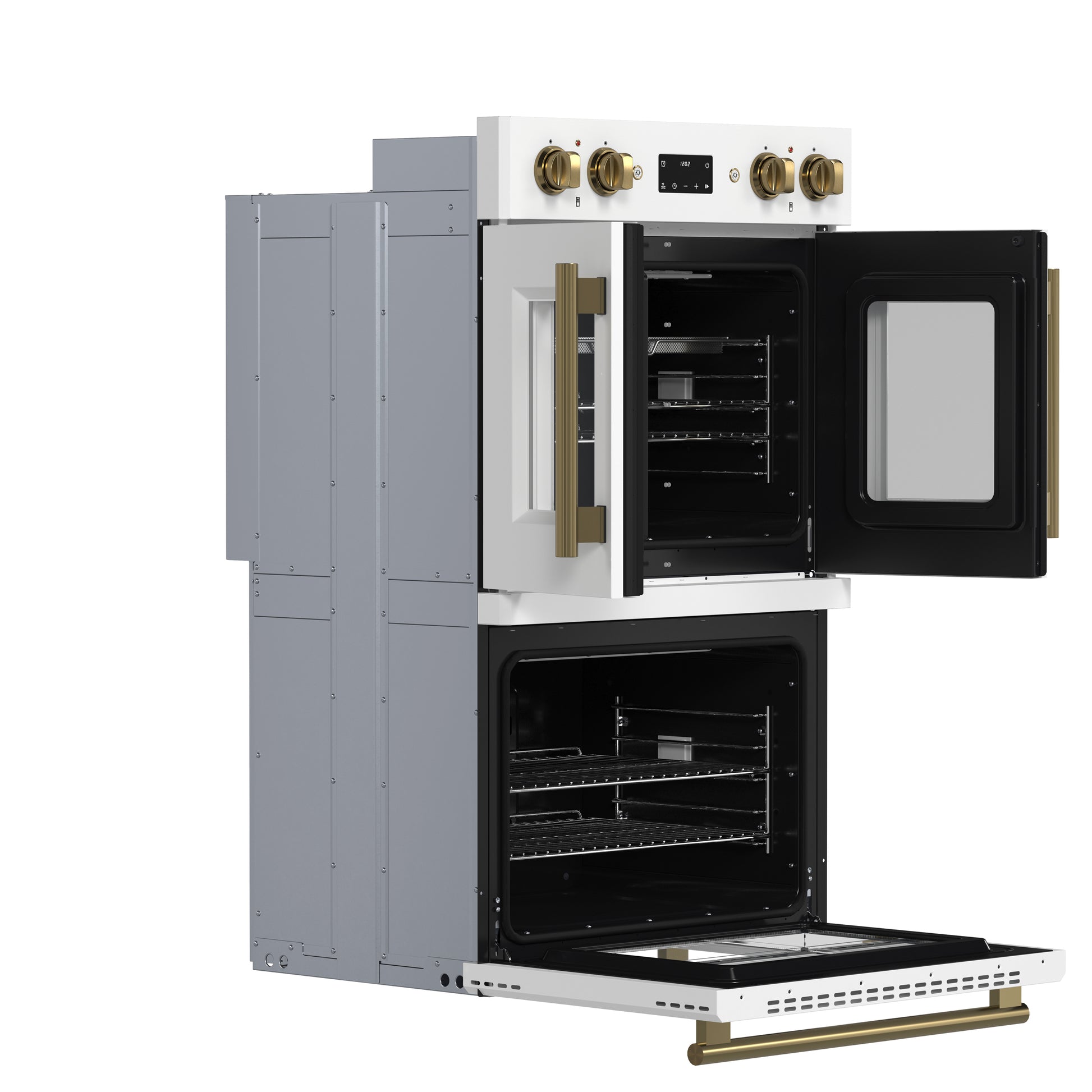 Forno Asti 30-Inch Double Electric Wall Oven with Upper French Doors in White & Antique Brass, 7.36 cu. ft. Dual True Convection, 7,200W, Air Fry, Sous Vide, Self-Clean - Forno Appliances