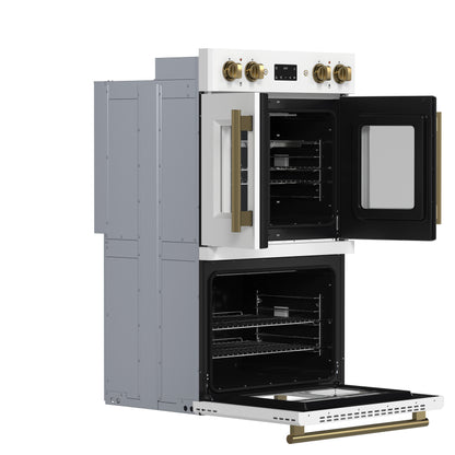 Forno Asti 30-Inch Double Electric Wall Oven with Upper French Doors in White & Antique Brass, 7.36 cu. ft. Dual True Convection, 7,200W, Air Fry, Sous Vide, Self-Clean - Forno Appliances