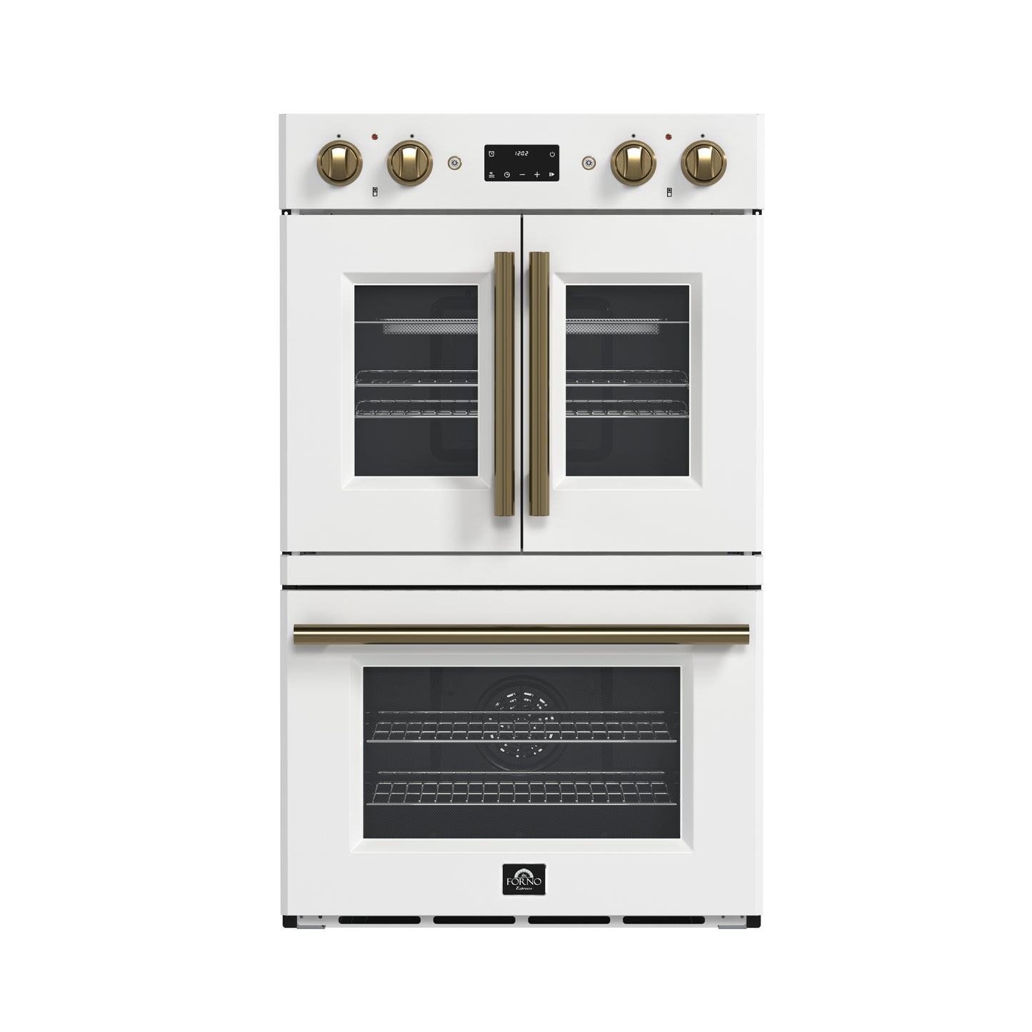 Forno Asti 30-Inch Double Electric Wall Oven with Upper French Doors in White & Antique Brass, 7.36 cu. ft. Dual True Convection, 7,200W, Air Fry, Sous Vide, Self-Clean - Forno Appliances