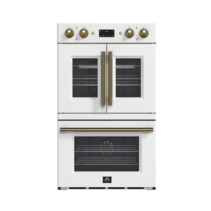 Forno Asti 30-Inch Double Electric Wall Oven with Upper French Doors in White & Antique Brass, 7.36 cu. ft. Dual True Convection, 7,200W, Air Fry, Sous Vide, Self-Clean - Forno Appliances