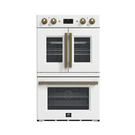 Forno Asti 30-Inch Double Electric Wall Oven with Upper French Doors in White & Antique Brass, 7.36 cu. ft. Dual True Convection, 7,200W, Air Fry, Sous Vide, Self-Clean - Forno Appliances
