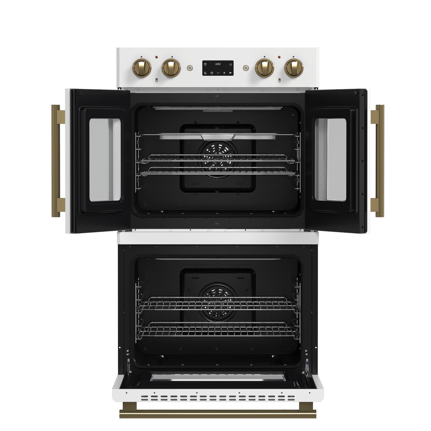 Forno Asti 30-Inch Double Electric Wall Oven with Upper French Doors in White & Antique Brass, 7.36 cu. ft. Dual True Convection, 7,200W, Air Fry, Sous Vide, Self-Clean - Forno Appliances