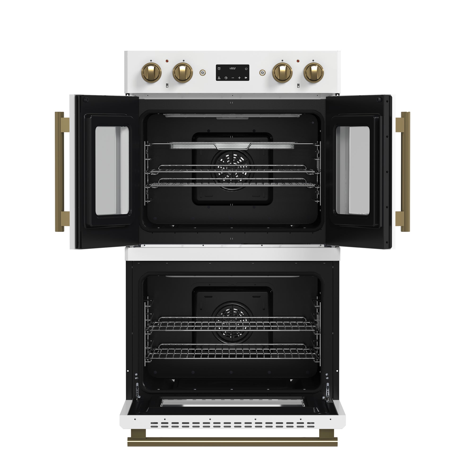 Forno Asti 30-Inch Double Electric Wall Oven with Upper French Doors in White & Antique Brass, 7.36 cu. ft. Dual True Convection, 7,200W, Air Fry, Sous Vide, Self-Clean - Forno Appliances