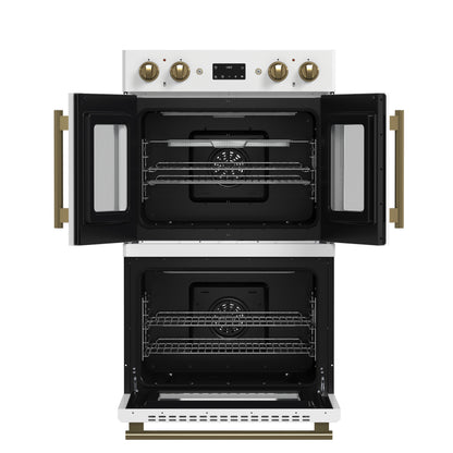 Forno Asti 30-Inch Double Electric Wall Oven with Upper French Doors in White & Antique Brass, 7.36 cu. ft. Dual True Convection, 7,200W, Air Fry, Sous Vide, Self-Clean - Forno Appliances