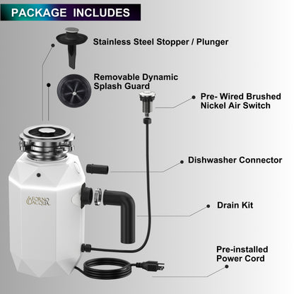 FORNO ACQUA BrightDIAMOND Moonstone 1HP Super Quiet Garbage Disposal Corded with Motion Sensor Cabinet Light & Pre-Wired Air Switch - Forno Appliances