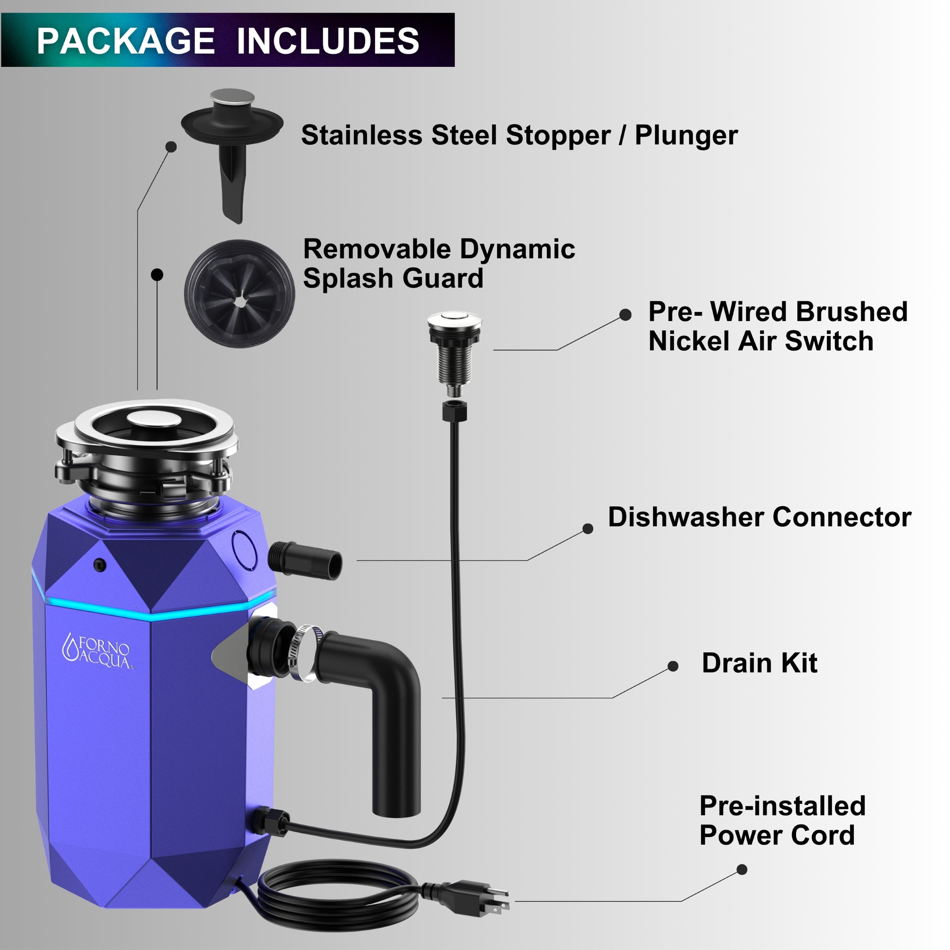 FORNO ACQUA BrightDIAMOND Amethyst 3/4HP Super Quiet Garbage Disposal Corded with Motion Sensor Cabinet Light & Pre-Wired Air Switch - Forno Appliances