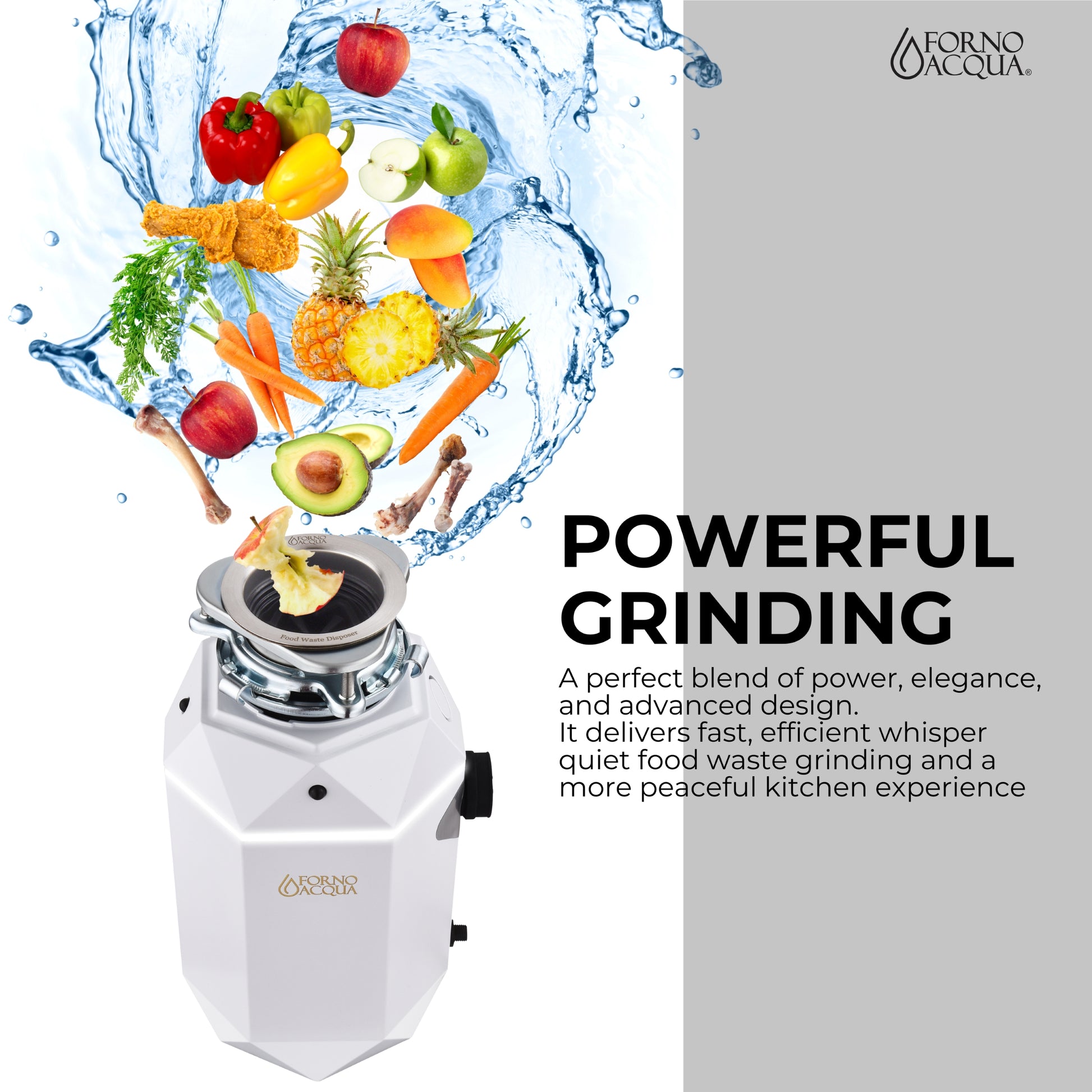 FORNO ACQUA BrightDIAMOND Moonstone 3/4HP Super Quiet Garbage Disposal Corded with Motion Sensor Cabinet Light & Pre-Wired Air Switch - Forno Appliances