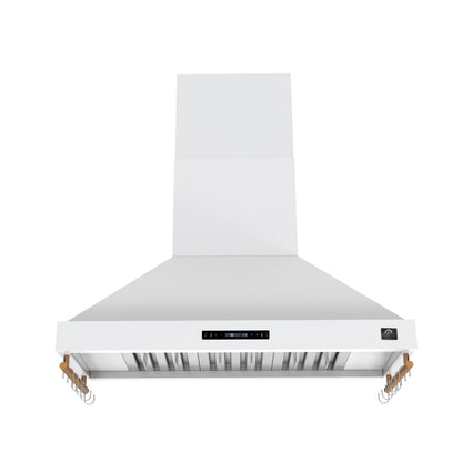Forno Venezia 48 Inch Wall-Mounted Range Hood in White with Antique Brass Accessories, Touch Controls and Baffle Filters - Forno Appliances