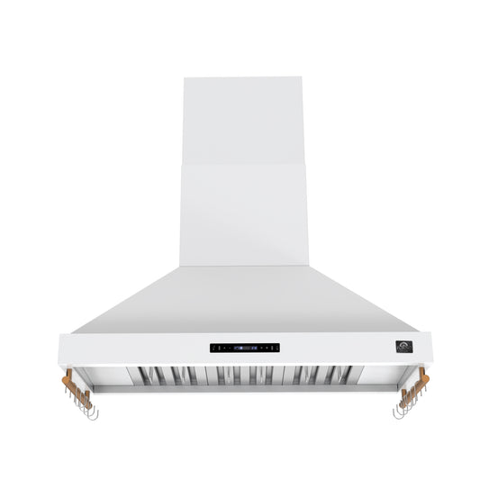 Forno Venezia 48 Inch Wall-Mounted Range Hood in White with Antique Brass Accessories, Touch Controls and Baffle Filters - Forno Appliances