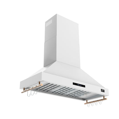 Forno Venezia 48 Inch Wall-Mounted Range Hood in White with Antique Brass Accessories, Touch Controls and Baffle Filters - Forno Appliances