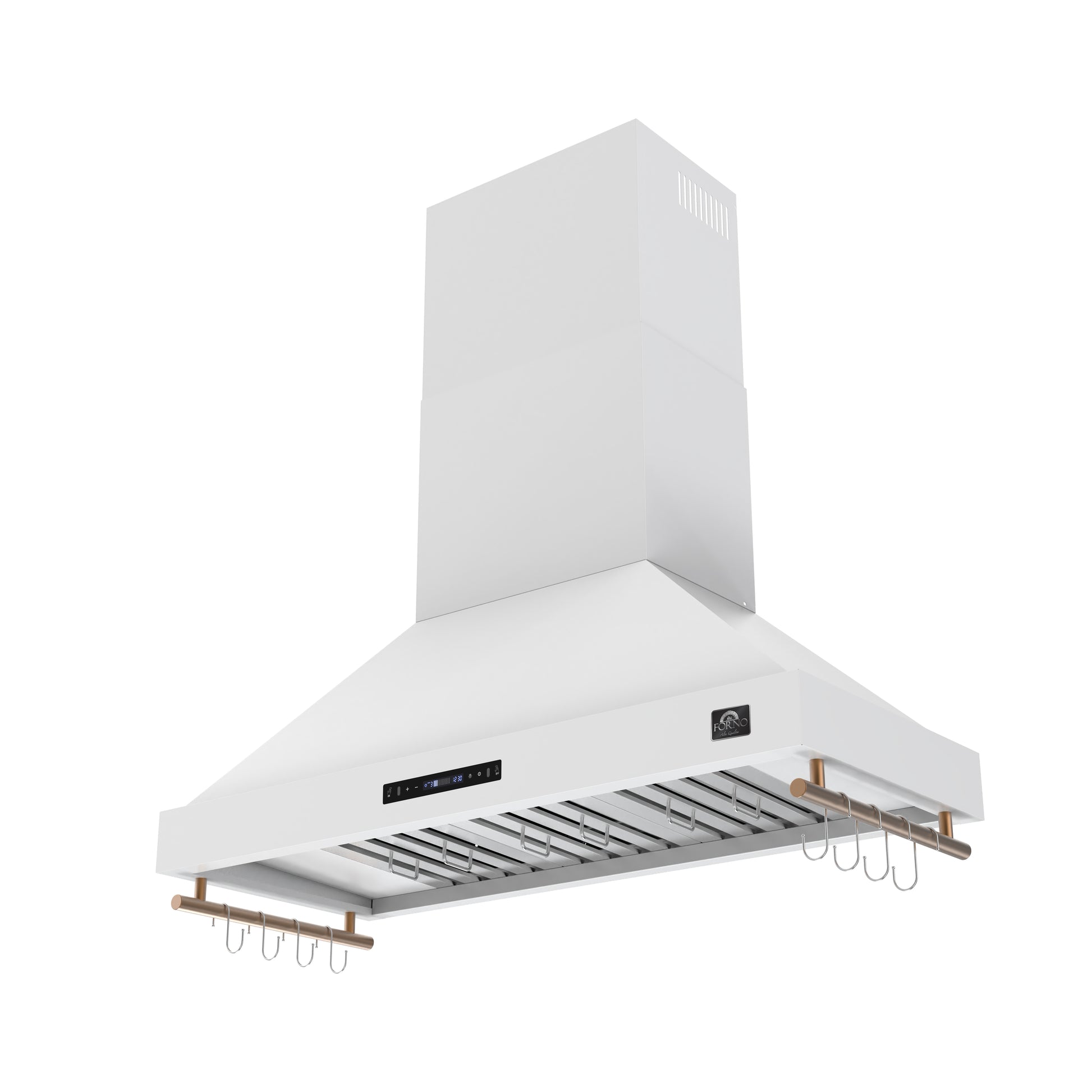 Forno Venezia 48 Inch Wall-Mounted Range Hood in White with Antique Brass Accessories, Touch Controls and Baffle Filters - Forno Appliances