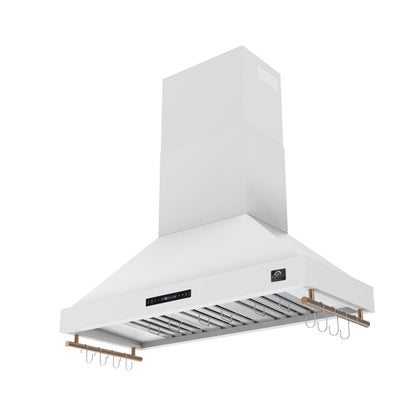 Forno Venezia 48 Inch Wall-Mounted Range Hood in White with Antique Brass Accessories, Touch Controls and Baffle Filters - Forno Appliances