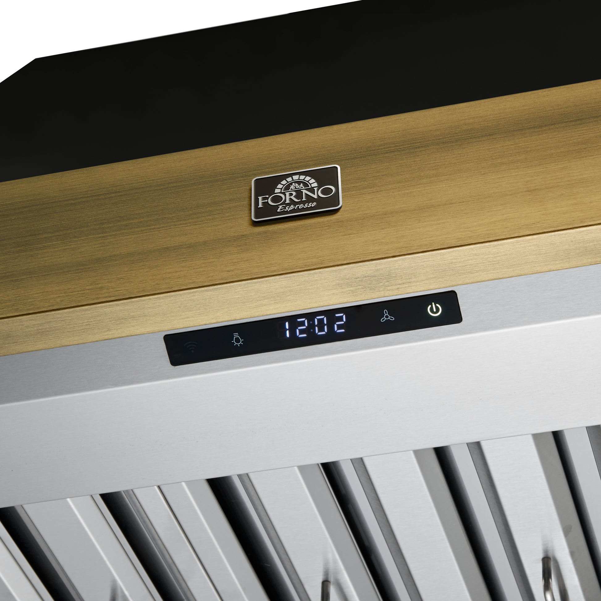 Forno Vittorio 36-Inch Wall Mount Range Hood, Black with Antique Brass Trim, 424 CFM Airflow, Dishwasher-Safe Baffle Filters, Remote Control, 3-Speed Fan, Bright LED Lighting. - Forno Appliances