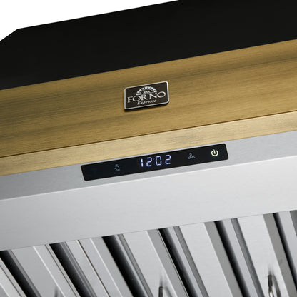 Forno Vittorio 36-Inch Wall Mount Range Hood, Black with Antique Brass Trim, 424 CFM Airflow, Dishwasher-Safe Baffle Filters, Remote Control, 3-Speed Fan, Bright LED Lighting. - Forno Appliances
