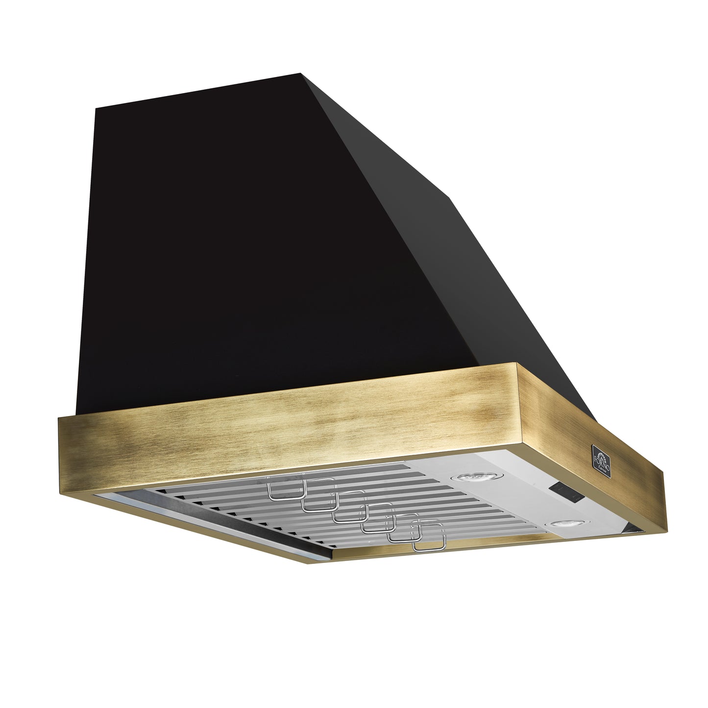 Forno Vittorio 36-Inch Wall Mount Range Hood, Black with Antique Brass Trim, 424 CFM Airflow, Dishwasher-Safe Baffle Filters, Remote Control, 3-Speed Fan, Bright LED Lighting. - Forno Appliances