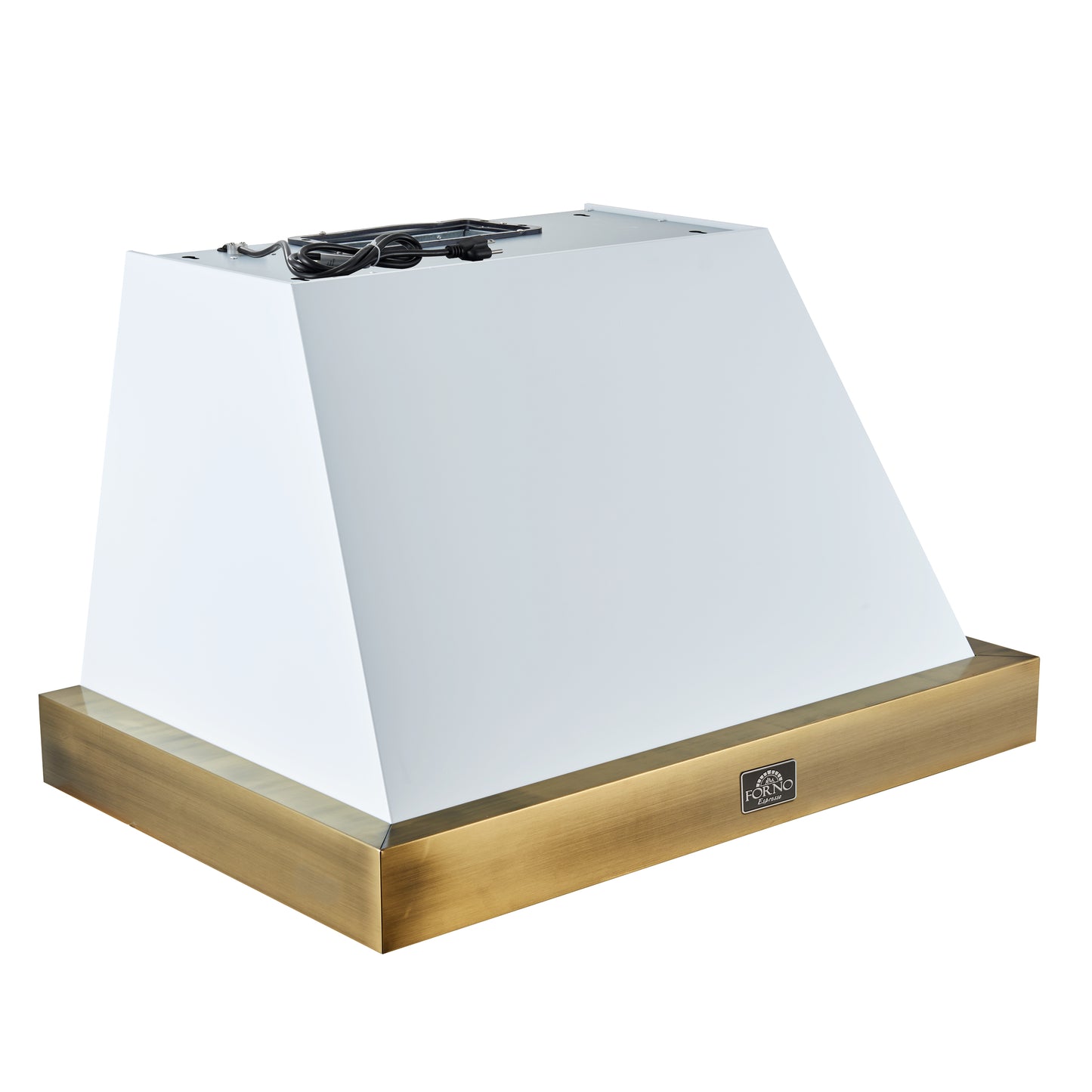 Forno Vittorio 36-Inch Wall Mount Range Hood, White with Antique Brass Trim, 424 CFM Airflow, Dishwasher-Safe Baffle Filters, Remote Control, 3-Speed Fan, Bright LED Lighting. - Forno Appliances