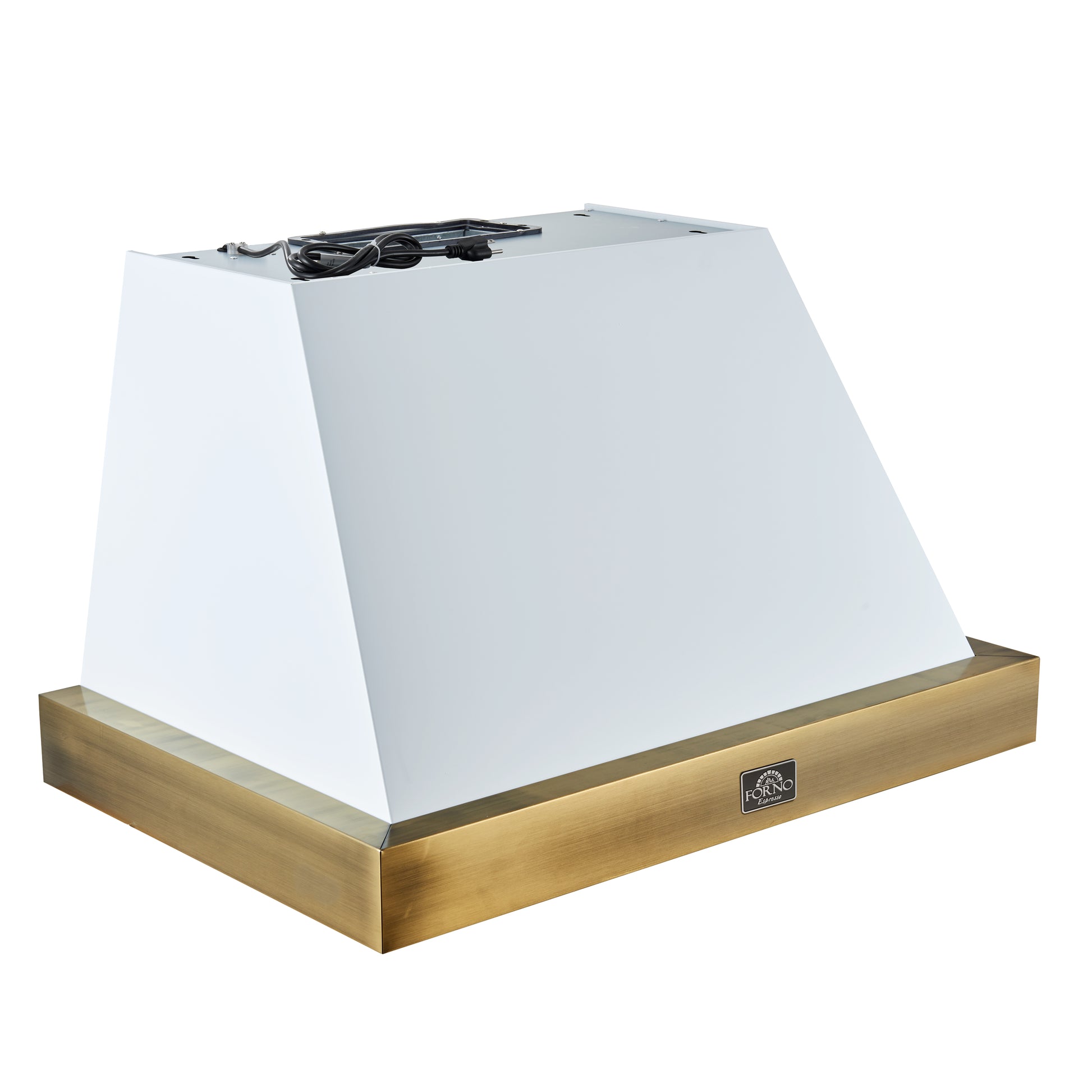 Forno Vittorio 36-Inch Wall Mount Range Hood, White with Antique Brass Trim, 424 CFM Airflow, Dishwasher-Safe Baffle Filters, Remote Control, 3-Speed Fan, Bright LED Lighting. - Forno Appliances