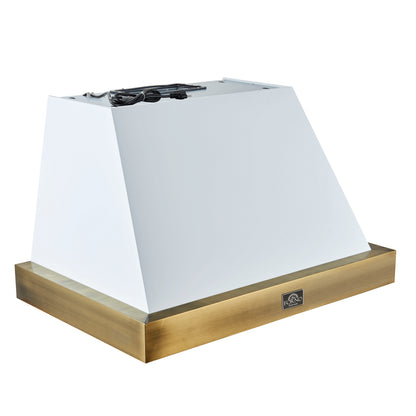 Forno Vittorio 36-Inch Wall Mount Range Hood, White with Antique Brass Trim, 424 CFM Airflow, Dishwasher-Safe Baffle Filters, Remote Control, 3-Speed Fan, Bright LED Lighting. - Forno Appliances