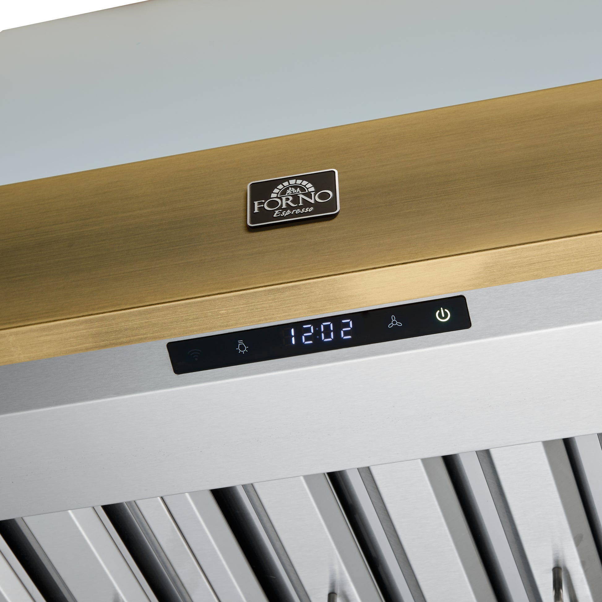 Forno Vittorio 36-Inch Wall Mount Range Hood, White with Antique Brass Trim, 424 CFM Airflow, Dishwasher-Safe Baffle Filters, Remote Control, 3-Speed Fan, Bright LED Lighting. - Forno Appliances