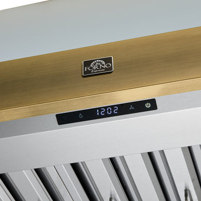 Forno Vittorio 36-Inch Wall Mount Range Hood, White with Antique Brass Trim, 424 CFM Airflow, Dishwasher-Safe Baffle Filters, Remote Control, 3-Speed Fan, Bright LED Lighting. - Forno Appliances