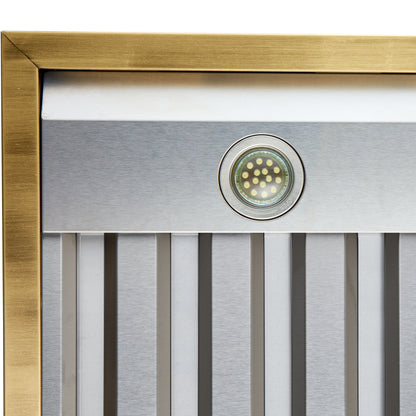 Forno Vittorio 36-Inch Wall Mount Range Hood, White with Antique Brass Trim, 424 CFM Airflow, Dishwasher-Safe Baffle Filters, Remote Control, 3-Speed Fan, Bright LED Lighting. - Forno Appliances