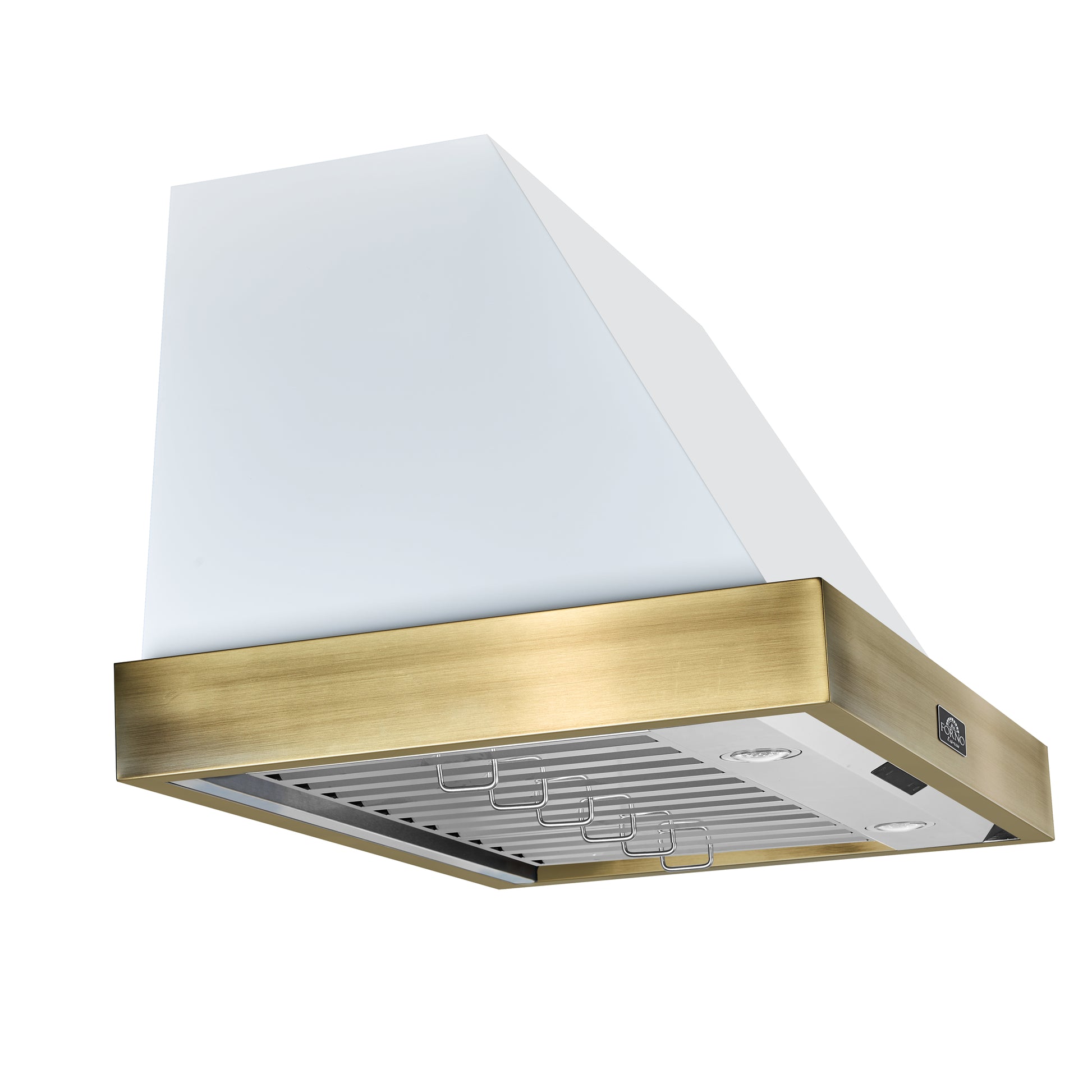 Forno Vittorio 36-Inch Wall Mount Range Hood, White with Antique Brass Trim, 424 CFM Airflow, Dishwasher-Safe Baffle Filters, Remote Control, 3-Speed Fan, Bright LED Lighting. - Forno Appliances