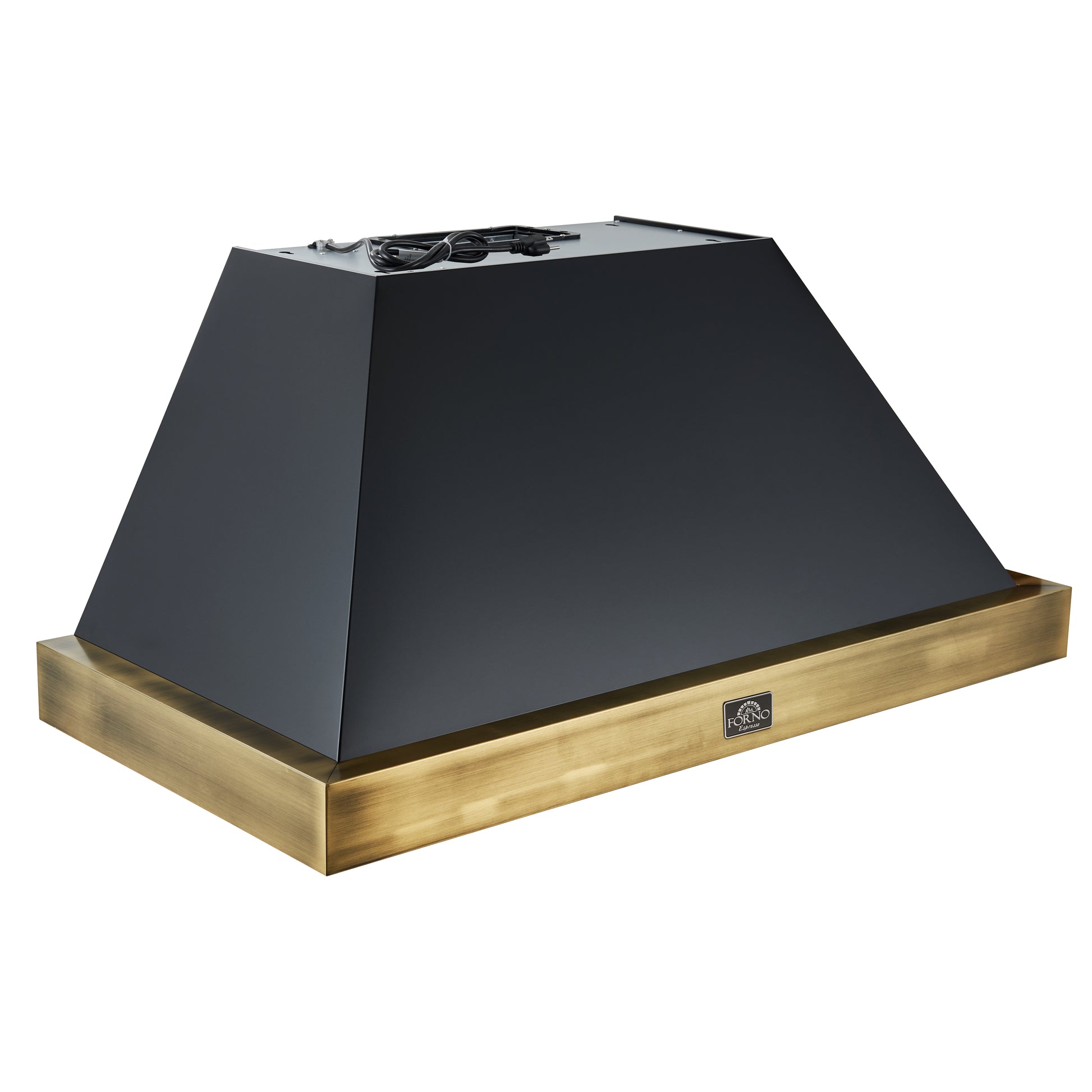 Forno Vittorio 48-Inch Wall Mount Range Hood, Black with Antique Brass Trim, 424 CFM Airflow, Dishwasher-Safe Baffle Filters, Remote Control, 3-Speed Fan, Bright LED Lighting. - Forno Appliances