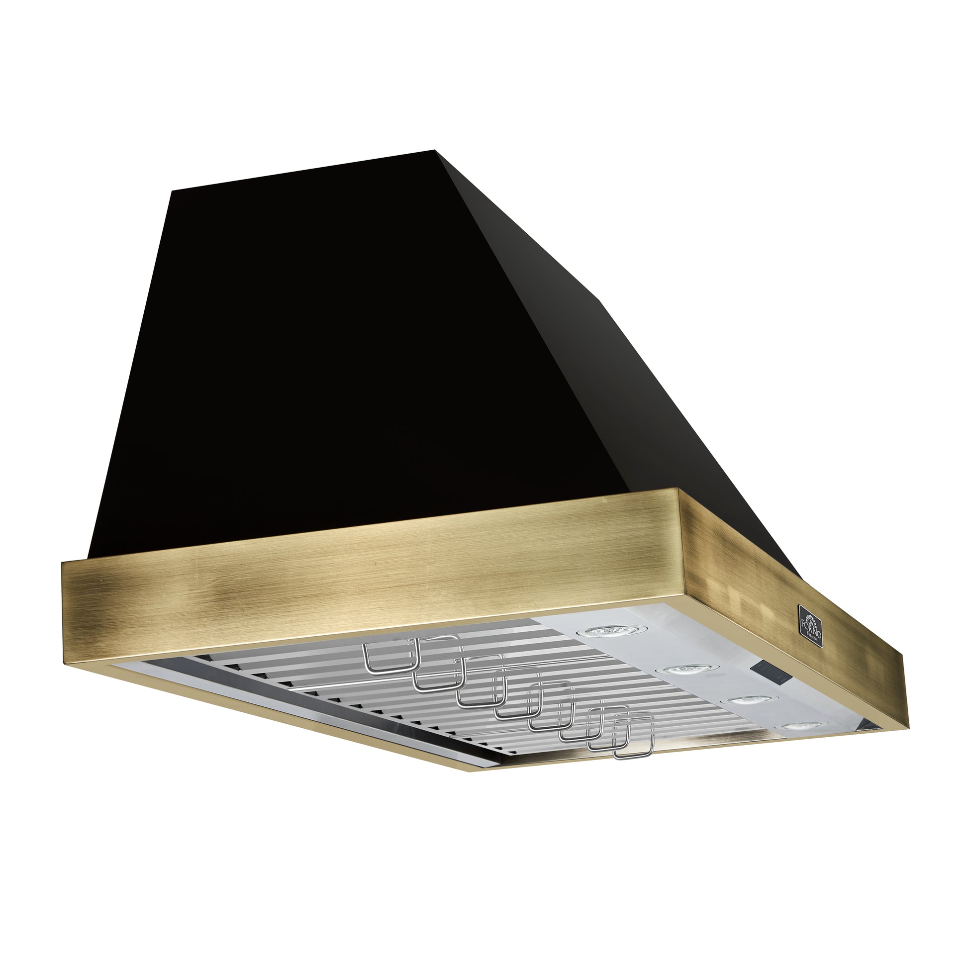 Forno Vittorio 48-Inch Wall Mount Range Hood, Black with Antique Brass Trim, 424 CFM Airflow, Dishwasher-Safe Baffle Filters, Remote Control, 3-Speed Fan, Bright LED Lighting. - Forno Appliances