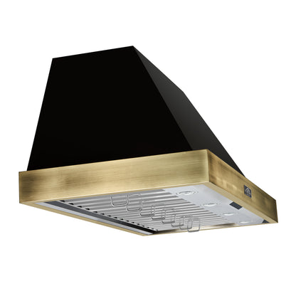 Forno Vittorio 48-Inch Wall Mount Range Hood, Black with Antique Brass Trim, 424 CFM Airflow, Dishwasher-Safe Baffle Filters, Remote Control, 3-Speed Fan, Bright LED Lighting. - Forno Appliances