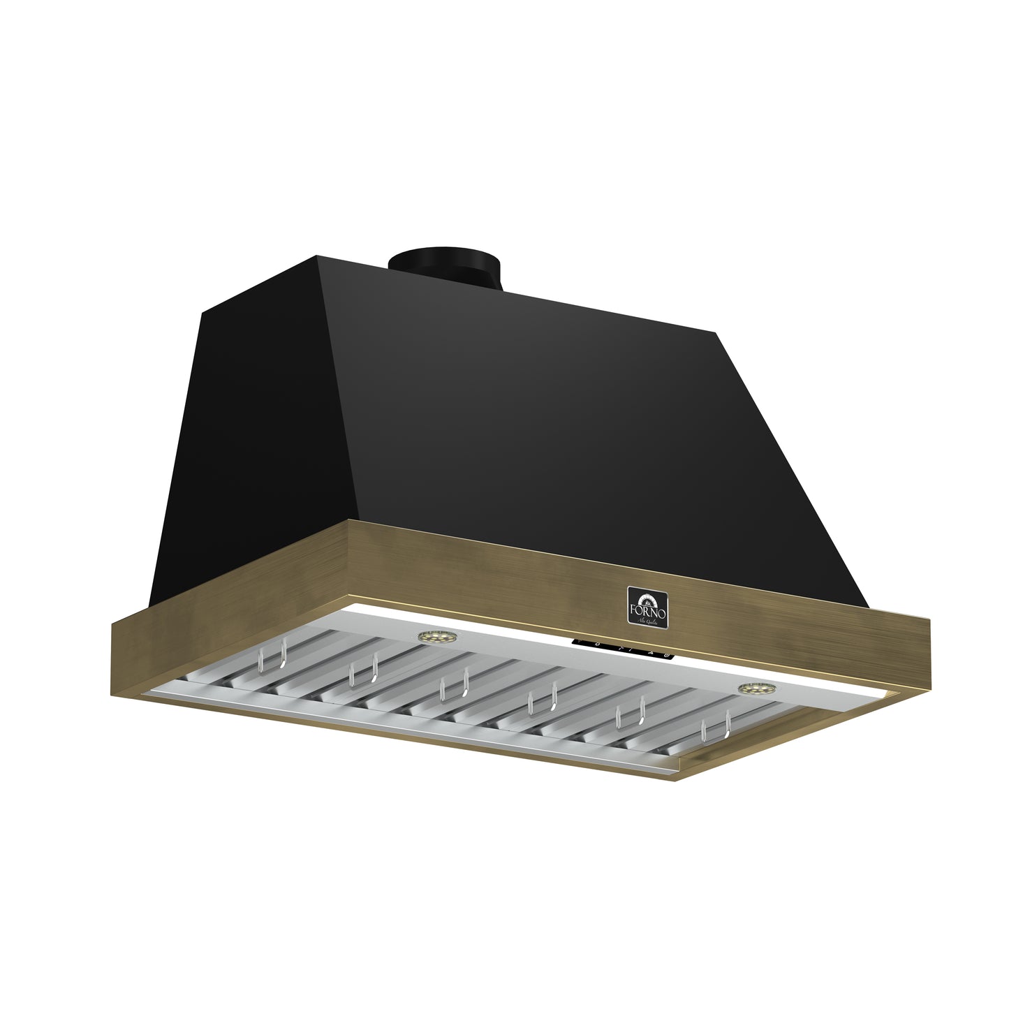 Forno Vittorio 36-Inch Wall Mount Range Hood, Black with Antique Brass Trim, 424 CFM Airflow, Dishwasher-Safe Baffle Filters, Remote Control, 3-Speed Fan, Bright LED Lighting. - Forno Appliances