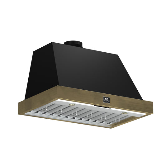 Forno Vittorio 36-Inch Wall Mount Range Hood, Black with Antique Brass Trim, 424 CFM Airflow, Dishwasher-Safe Baffle Filters, Remote Control, 3-Speed Fan, Bright LED Lighting. - Forno Appliances