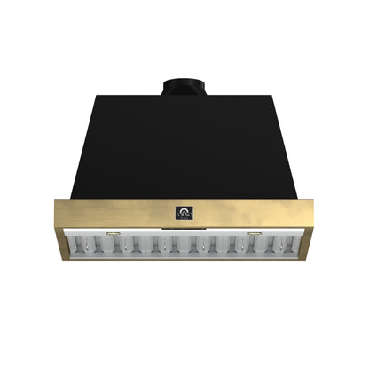 Forno Vittorio 36-Inch Wall Mount Range Hood, Black with Antique Brass Trim, 424 CFM Airflow, Dishwasher-Safe Baffle Filters, Remote Control, 3-Speed Fan, Bright LED Lighting. - Forno Appliances