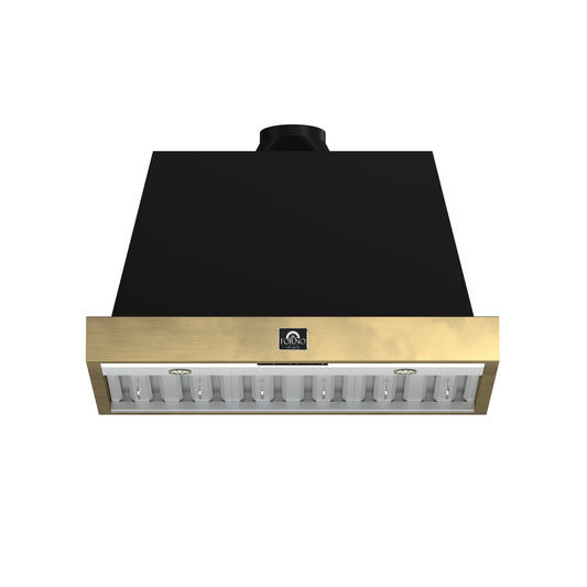Forno Vittorio 36-Inch Wall Mount Range Hood, Black with Antique Brass Trim, 424 CFM Airflow, Dishwasher-Safe Baffle Filters, Remote Control, 3-Speed Fan, Bright LED Lighting. - Forno Appliances