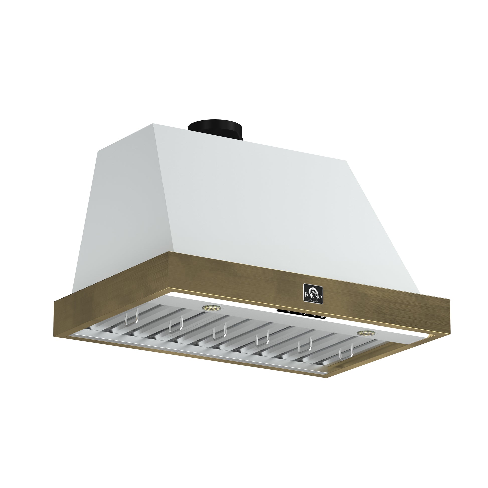 Forno Vittorio 36-Inch Wall Mount Range Hood, White with Antique Brass Trim, 424 CFM Airflow, Dishwasher-Safe Baffle Filters, Remote Control, 3-Speed Fan, Bright LED Lighting. - Forno Appliances