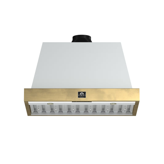 Forno Vittorio 36-Inch Wall Mount Range Hood, White with Antique Brass Trim, 424 CFM Airflow, Dishwasher-Safe Baffle Filters, Remote Control, 3-Speed Fan, Bright LED Lighting. - Forno Appliances
