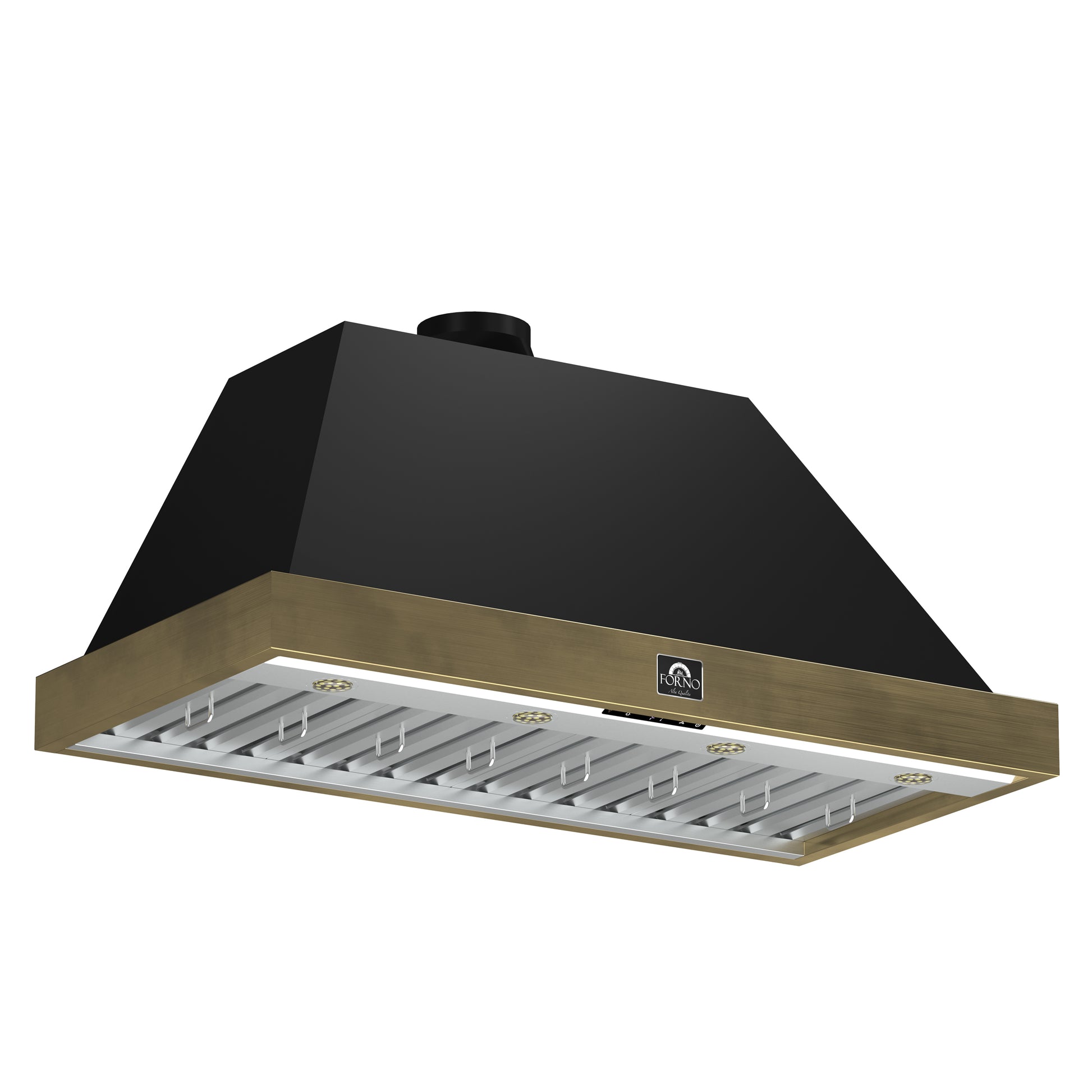 Forno Vittorio 48-Inch Wall Mount Range Hood, Black with Antique Brass Trim, 424 CFM Airflow, Dishwasher-Safe Baffle Filters, Remote Control, 3-Speed Fan, Bright LED Lighting. - Forno Appliances