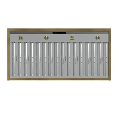 Forno Vittorio 48-Inch Wall Mount Range Hood, Black with Antique Brass Trim, 424 CFM Airflow, Dishwasher-Safe Baffle Filters, Remote Control, 3-Speed Fan, Bright LED Lighting. - Forno Appliances