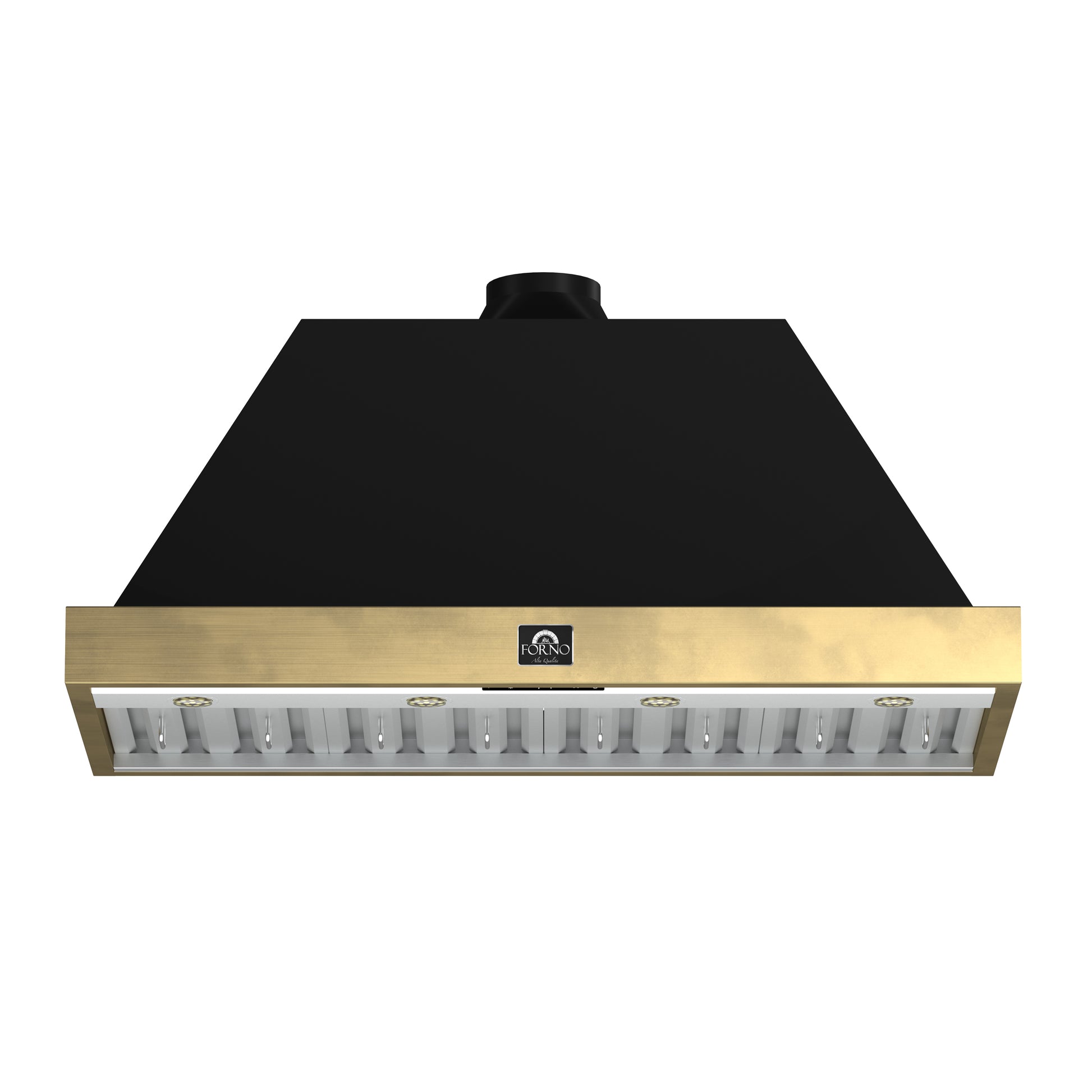 Forno Vittorio 48-Inch Wall Mount Range Hood, Black with Antique Brass Trim, 424 CFM Airflow, Dishwasher-Safe Baffle Filters, Remote Control, 3-Speed Fan, Bright LED Lighting. - Forno Appliances