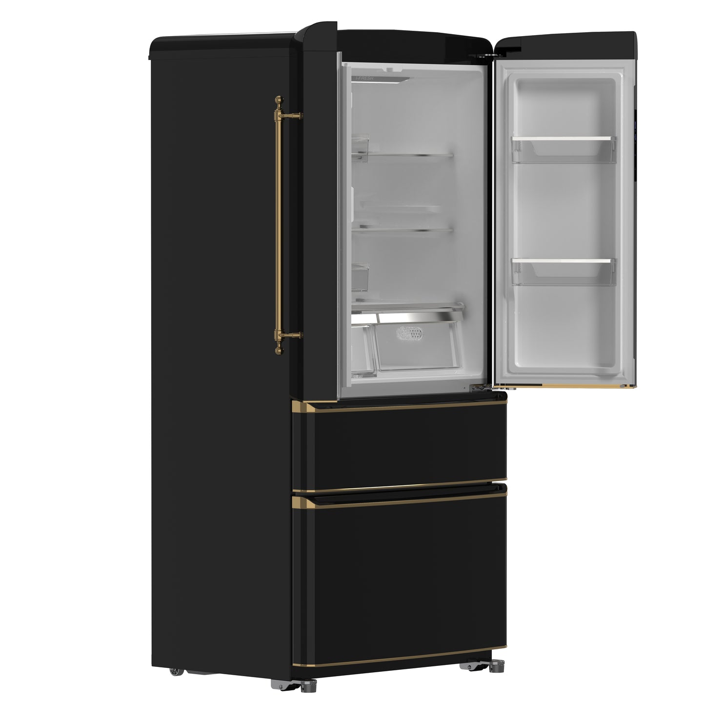 Forno Luigi 33-Inch French Door Refrigerator, 18 cu.ft, Black Finish, Antique Brass Handles, ENERGY STAR Certified - Forno Appliances