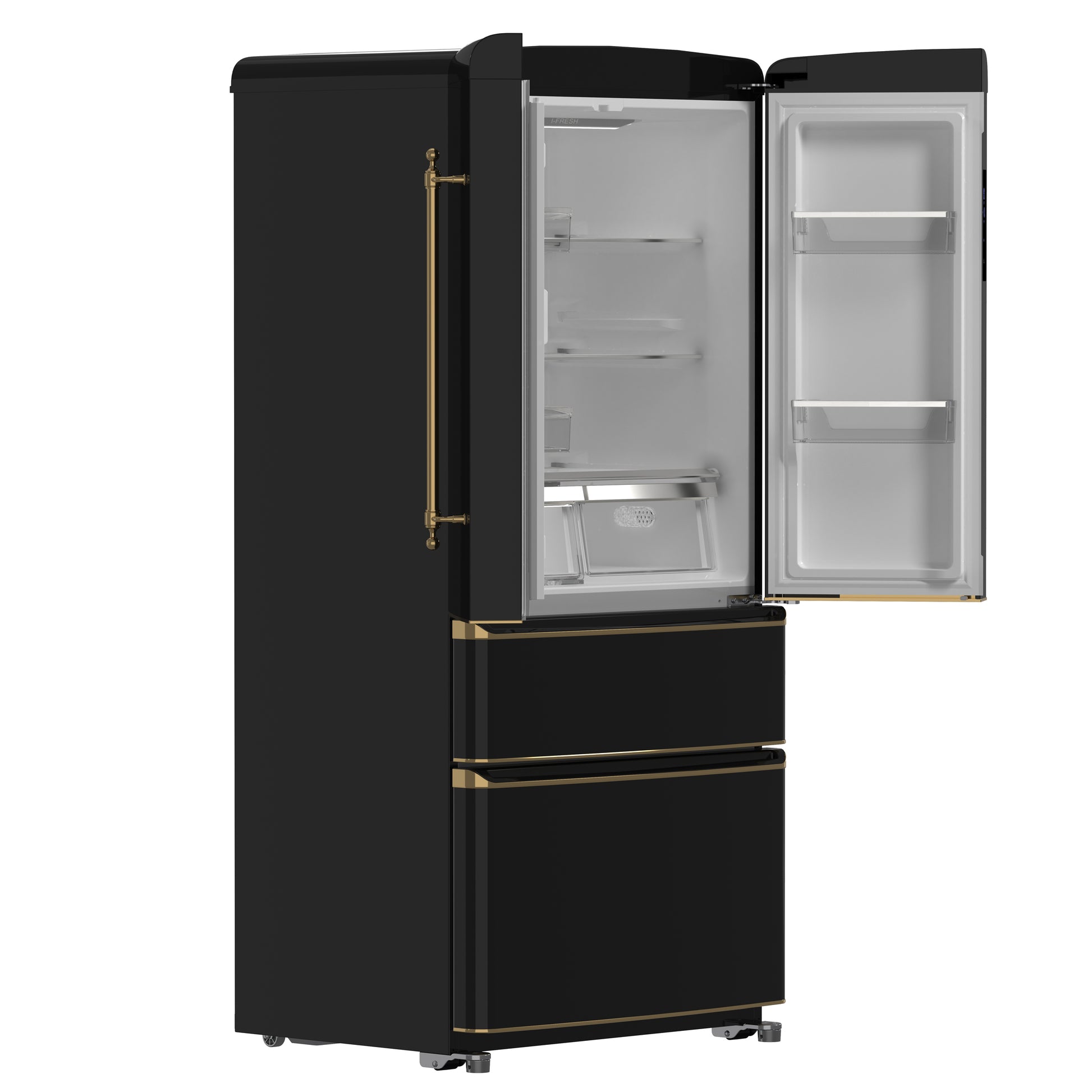Forno Luigi 33-Inch French Door Refrigerator, 18 cu.ft, Black Finish, Antique Brass Handles, ENERGY STAR Certified - Forno Appliances