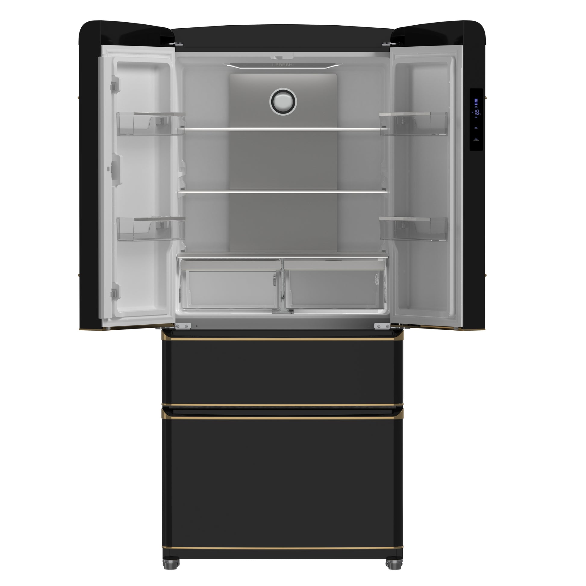 Forno Luigi 33-Inch French Door Refrigerator, 18 cu.ft, Black Finish, Antique Brass Handles, ENERGY STAR Certified - Forno Appliances