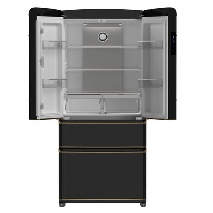 Forno Luigi 33-Inch French Door Refrigerator, 18 cu.ft, Black Finish, Antique Brass Handles, ENERGY STAR Certified - Forno Appliances