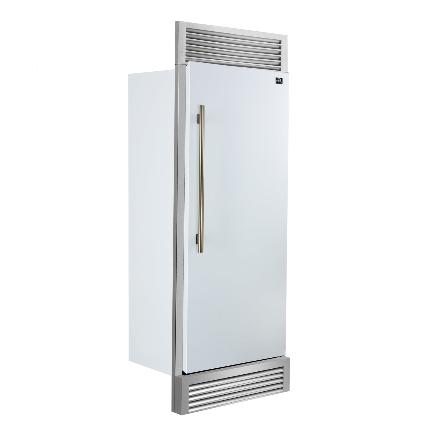 Forno Maderno 28-Inch Built-In Convertible Refrigerator in White with Antique Brass Handle, 13.6 cu.ft. Right Swing with Decorative Trim - 32-Inch Wide - Forno Appliances