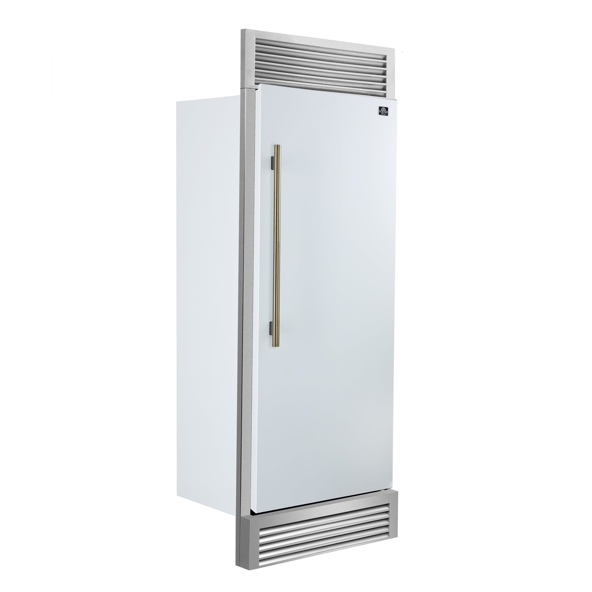 Forno Maderno 28-Inch Built-In Convertible Refrigerator in White with Antique Brass Handle, 13.6 cu.ft. Right Swing with Decorative Trim - 32-Inch Wide - Forno Appliances