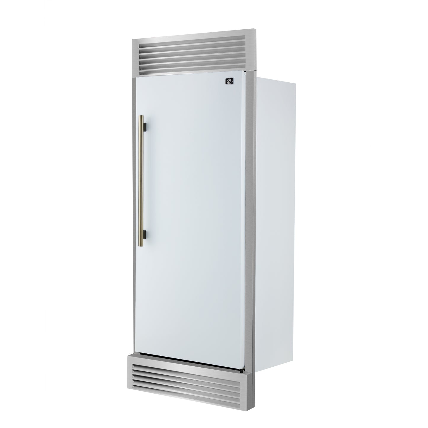 Forno Maderno 28-Inch Built-In Convertible Refrigerator in White with Antique Brass Handle, 13.6 cu.ft. Right Swing with Decorative Trim - 32-Inch Wide - Forno Appliances