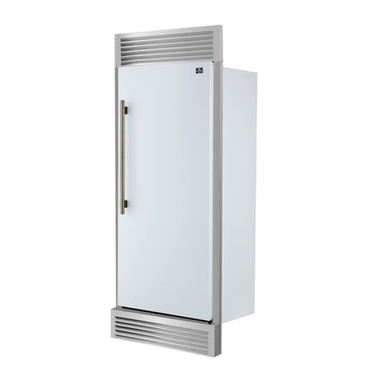 Forno Maderno 28-Inch Built-In Convertible Refrigerator in White with Antique Brass Handle, 13.6 cu.ft. Right Swing with Decorative Trim - 32-Inch Wide - Forno Appliances