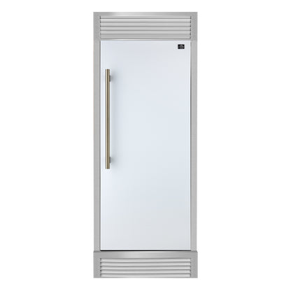 Forno Maderno 28-Inch Built-In Convertible Refrigerator in White with Antique Brass Handle, 13.6 cu.ft. Right Swing with Decorative Trim - 32-Inch Wide - Forno Appliances