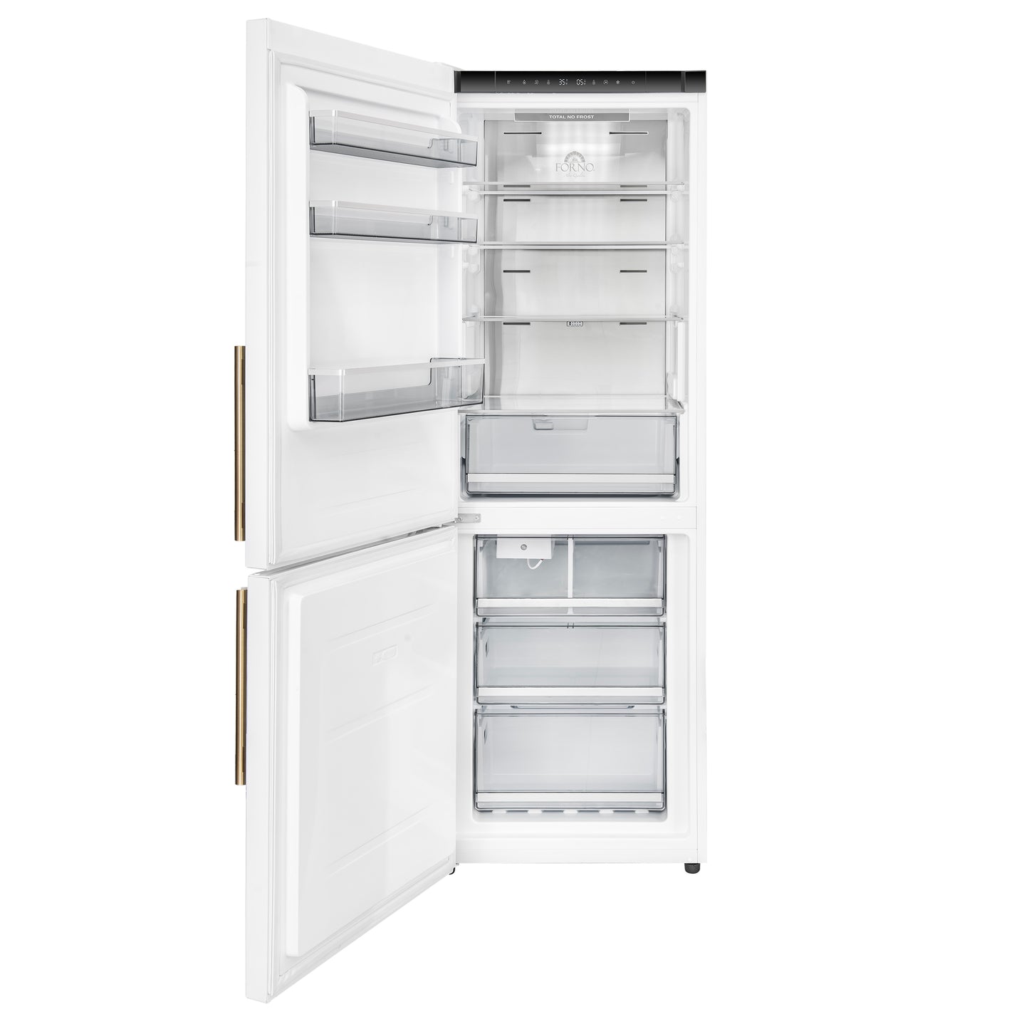 Custodia 24" Bottom Freezer, 10.3 cf., Left Swing, Ice Maker, Total No frost, White, Antique Brass handles - Forno Appliances