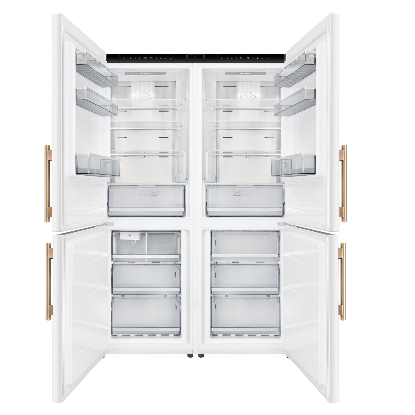 Custodia 48" Bottom Freezer combo, 20.6 cf., Ice Maker, Total No frost, White, Antique Brass handles - Forno Appliances
