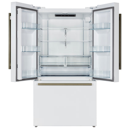 Refrigerador Forno Rivello de 36 pulgadas con puerta francesa en blanco con latón antiguo, dispensador de agua interno, hielo filtrado, estantes ajustables, certificación Energy Star